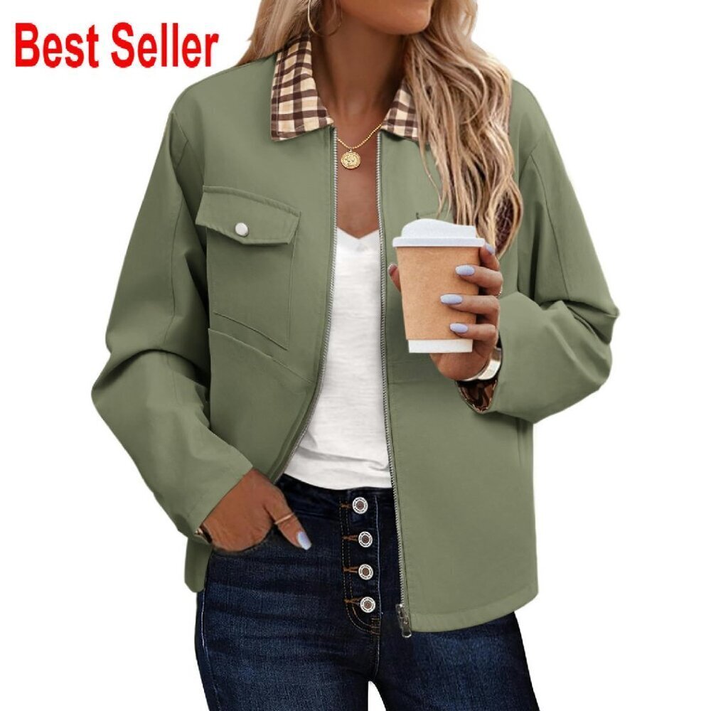 Classic Plaid Lined Barn Jacket Zip Up Casual Chic Oversized Fit Long Sleeve